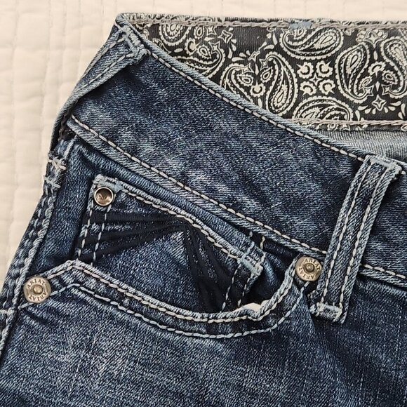 Ariat Real Denim Women's Jeans Size 28R Med Wash Flair Leg Raw Hem Heavy Stitch - Picture 10 of 16